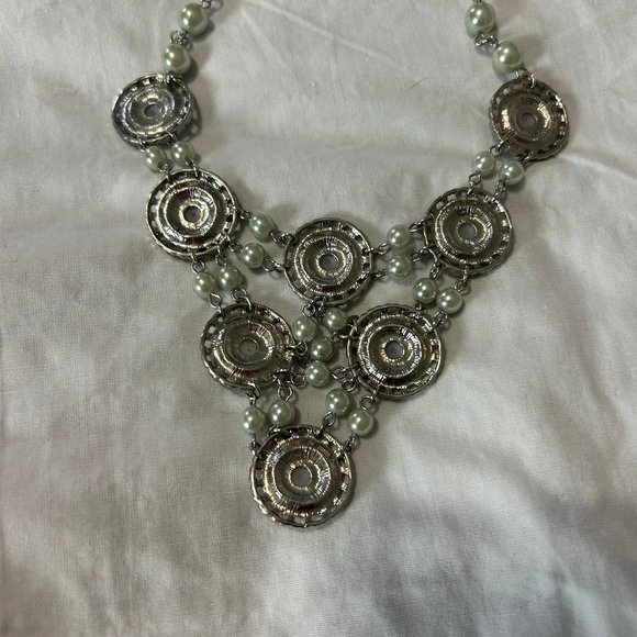 Medallion Silver & Pearl Statement Necklace - Picture 8 of 9